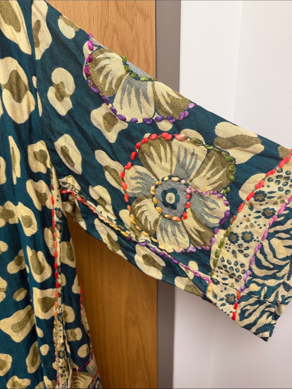 Raj Teal and Beige Abstract Floral and Leopard Print Bohemian Kimono Duster - Picture 8 of 9